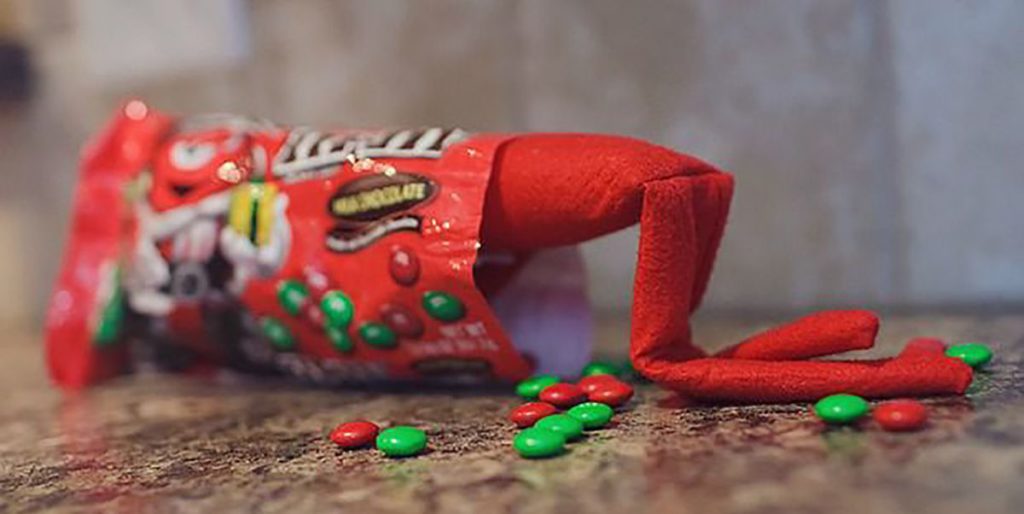 Elf on the Shelf stuck in candy bag